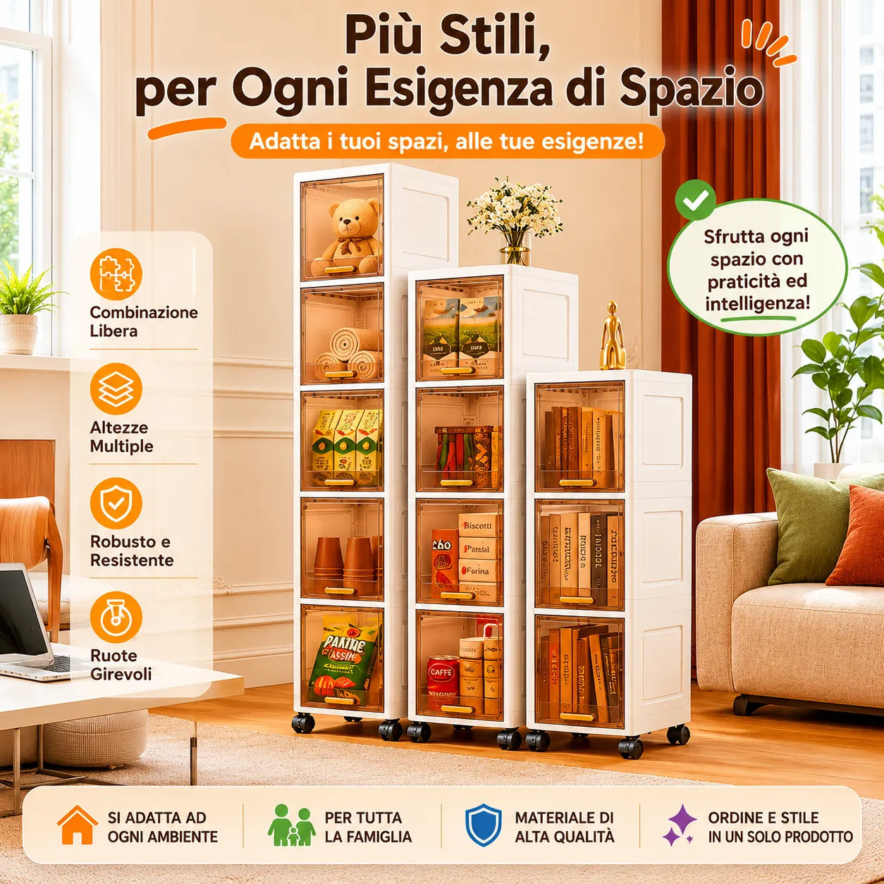 Armadio Salvaspazio Modulare con Ruote da 3, 4 o 5 Cassetti – Mobiletto Organizzatore Multiuso per Casa, Bagno, Cucina, Camera e Ufficio