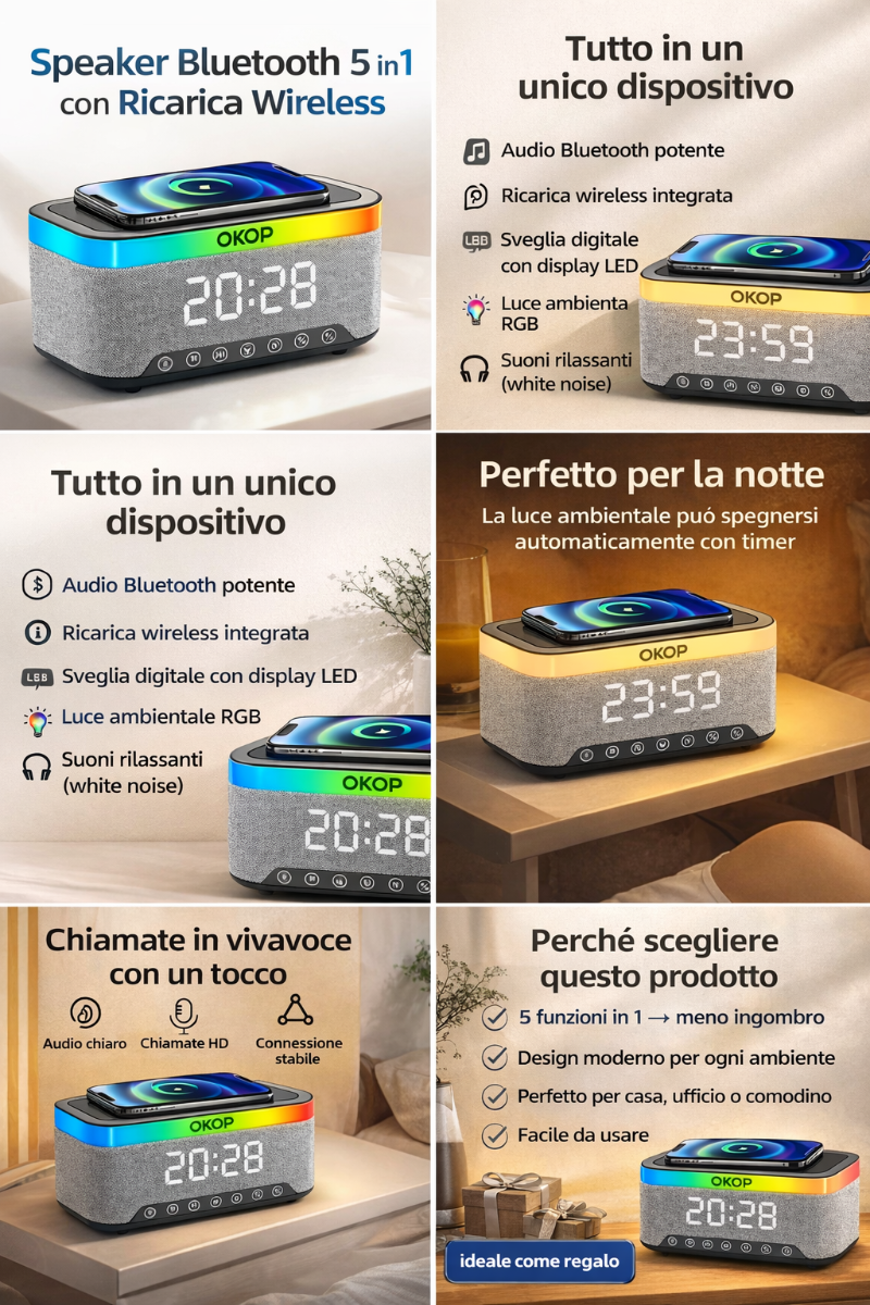 Speaker Bluetooth 5 in 1 con Ricarica Wireless Qi  OKOP KP-559  , Sveglia Digitale LED, Luce RGB e White Noise – Vivavoce HD e Design Moderno