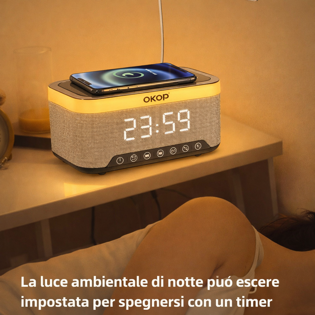 Speaker Bluetooth 5 in 1 con Ricarica Wireless Qi  OKOP KP-559  , Sveglia Digitale LED, Luce RGB e White Noise – Vivavoce HD e Design Moderno