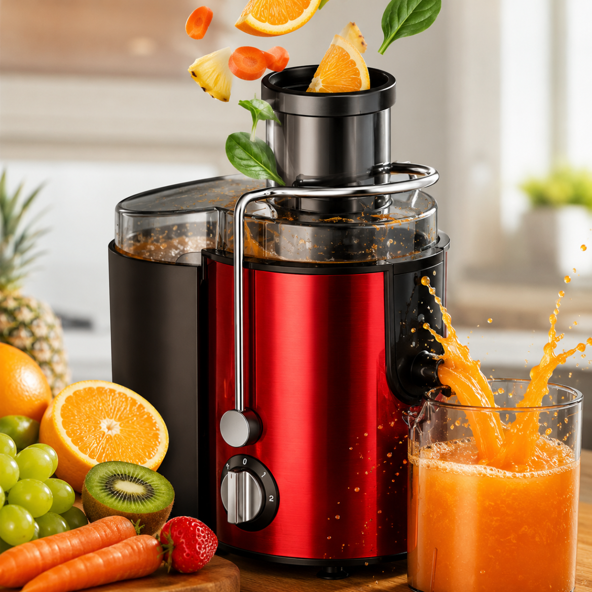 Estrattore di Succo Elettrico 1000W con 2 Velocità, Centrifuga Frutta e Verdura, Bocca Larga 65 mm, Caraffa 500 ml, Acciaio Inox, Rosso/Grigio