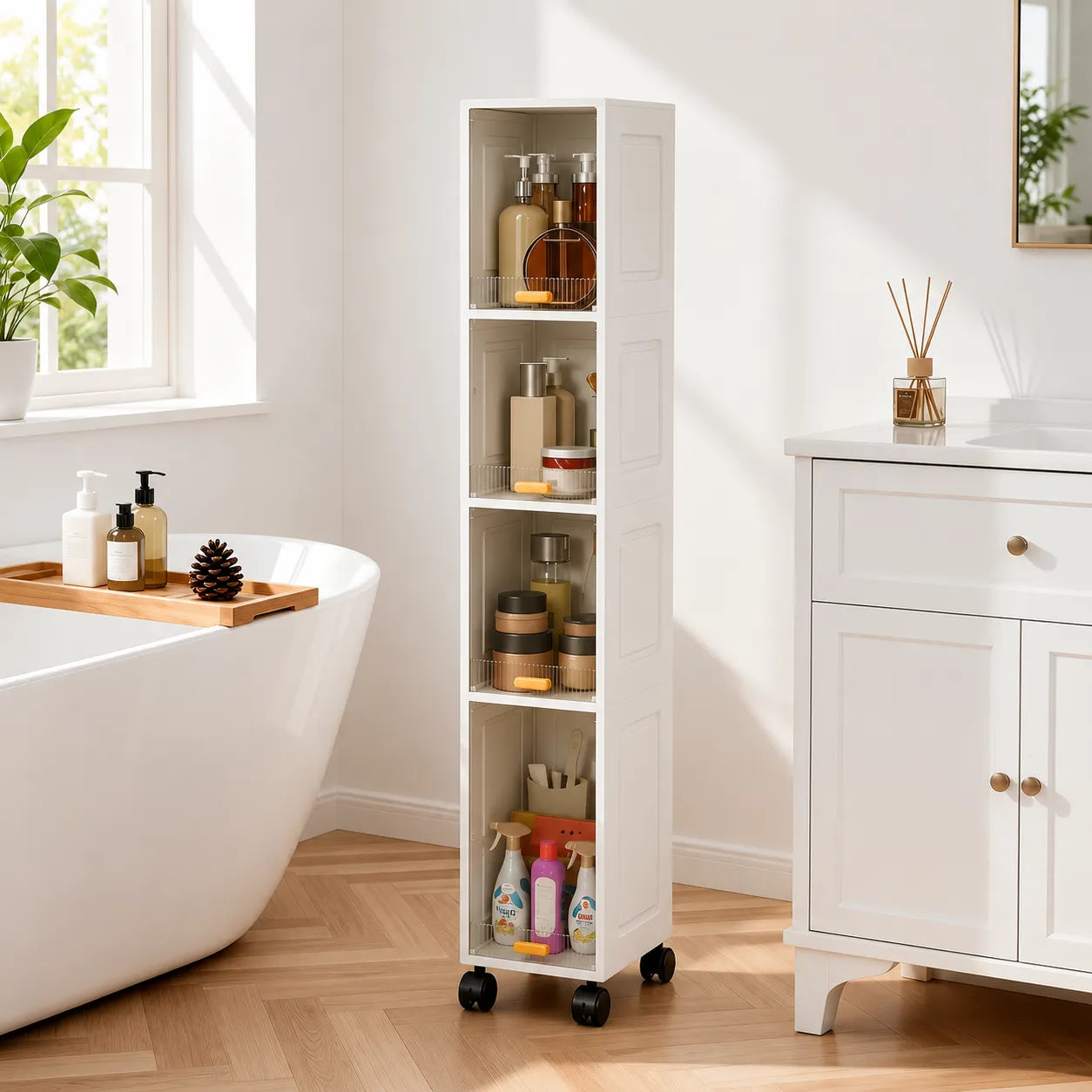 Mobile Salvaspazio Slim a 4 Ripiani con Ruote – Scaffale Stretto Multiuso con Ante Antipolvere – Organizzatore per Bagno, Cucina, Lavanderia e Ripostiglio