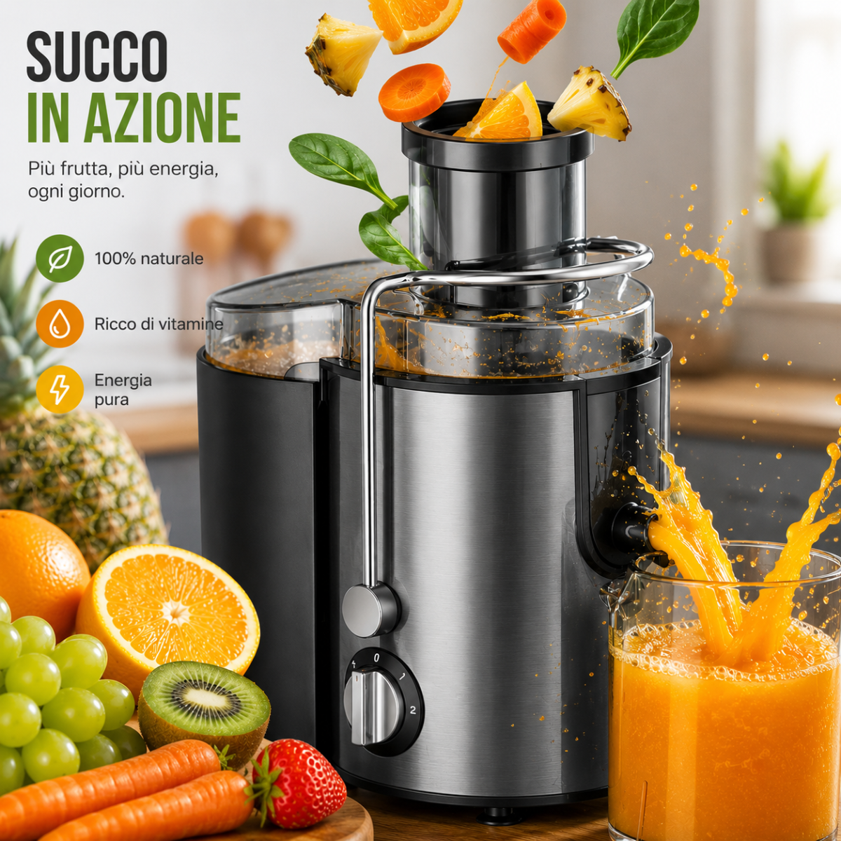 Estrattore di Succo Elettrico 1000W con 2 Velocità, Centrifuga Frutta e Verdura, Bocca Larga 65 mm, Caraffa 500 ml, Acciaio Inox, Rosso/Grigio