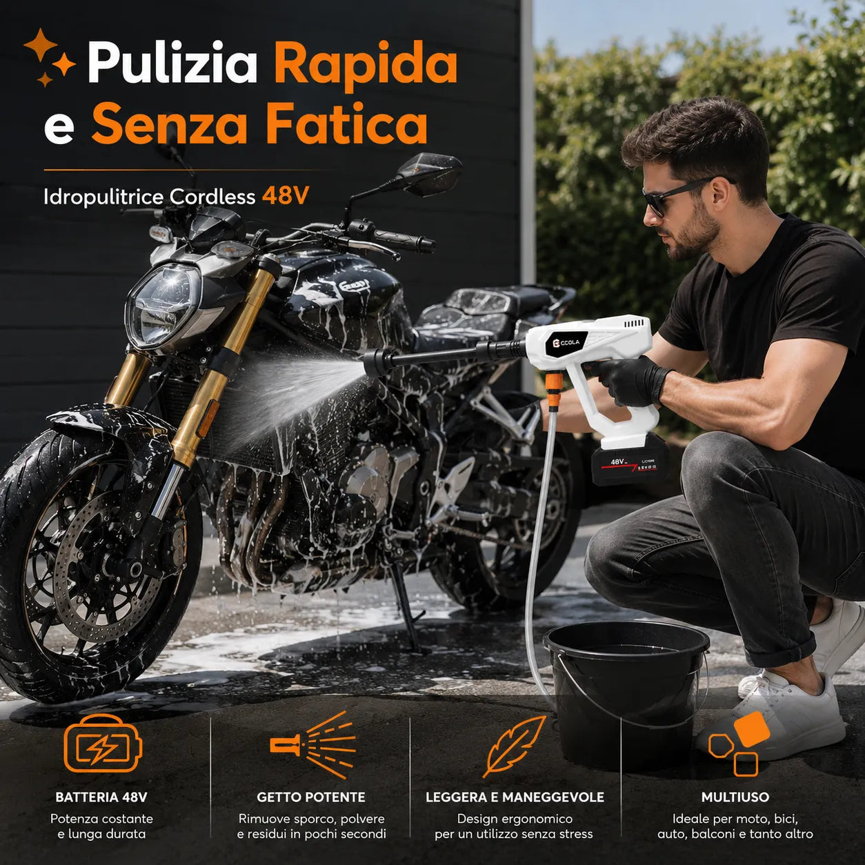 Idropulitrice Pro Cordless 48V – Pistola ad Alta Pressione con Doppia Batteria