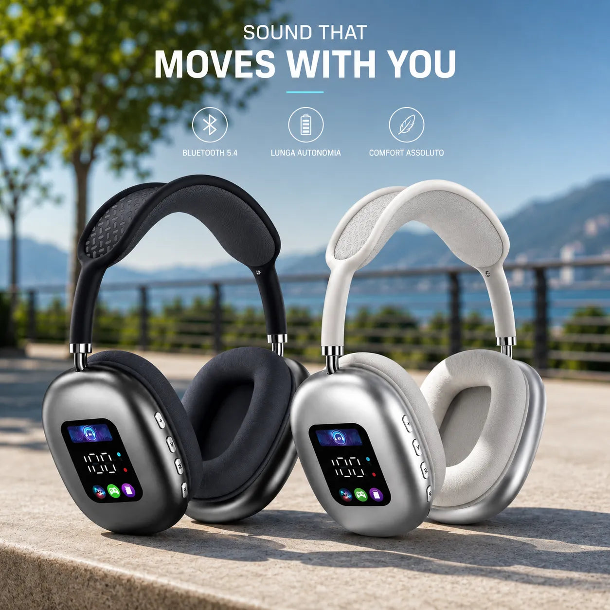 Cuffie Bluetooth Wireless 5.4 con Display Integrato – Audio Hi-Fi Stereo, Bluetooth 5.4, Microfono, Over-Ear