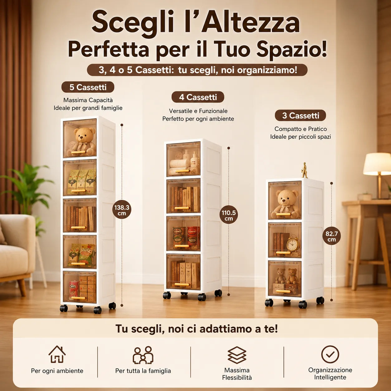 Armadio Salvaspazio Modulare con Ruote da 3, 4 o 5 Cassetti – Mobiletto Organizzatore Multiuso per Casa, Bagno, Cucina, Camera e Ufficio