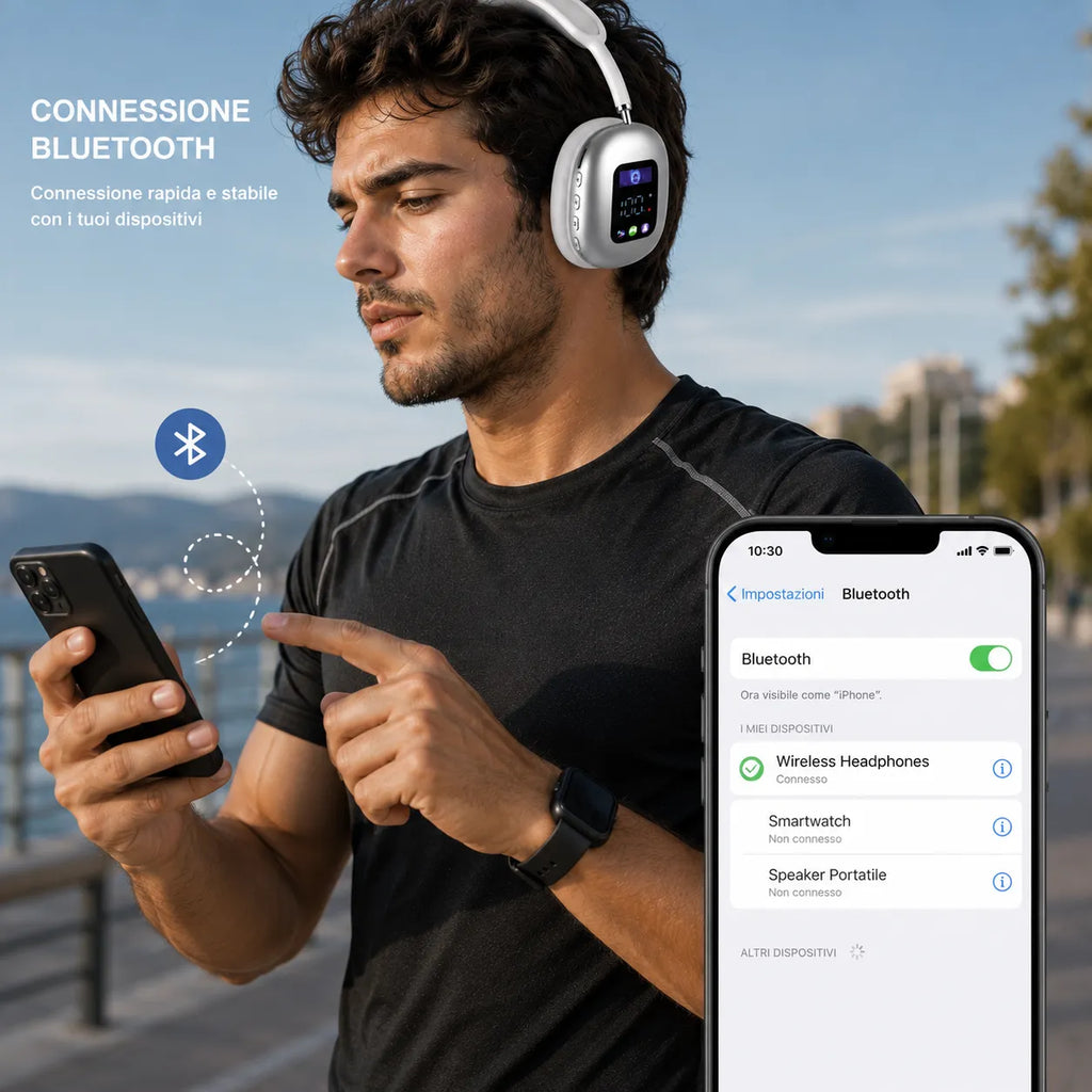 Cuffie Bluetooth Wireless 5.4 con Display Integrato – Audio Hi-Fi Stereo, Bluetooth 5.4, Microfono, Over-Ear