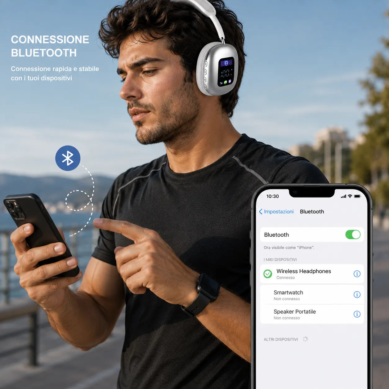 Cuffie Bluetooth Wireless 5.4 con Display Integrato – Audio Hi-Fi Stereo, Bluetooth 5.4, Microfono, Over-Ear
