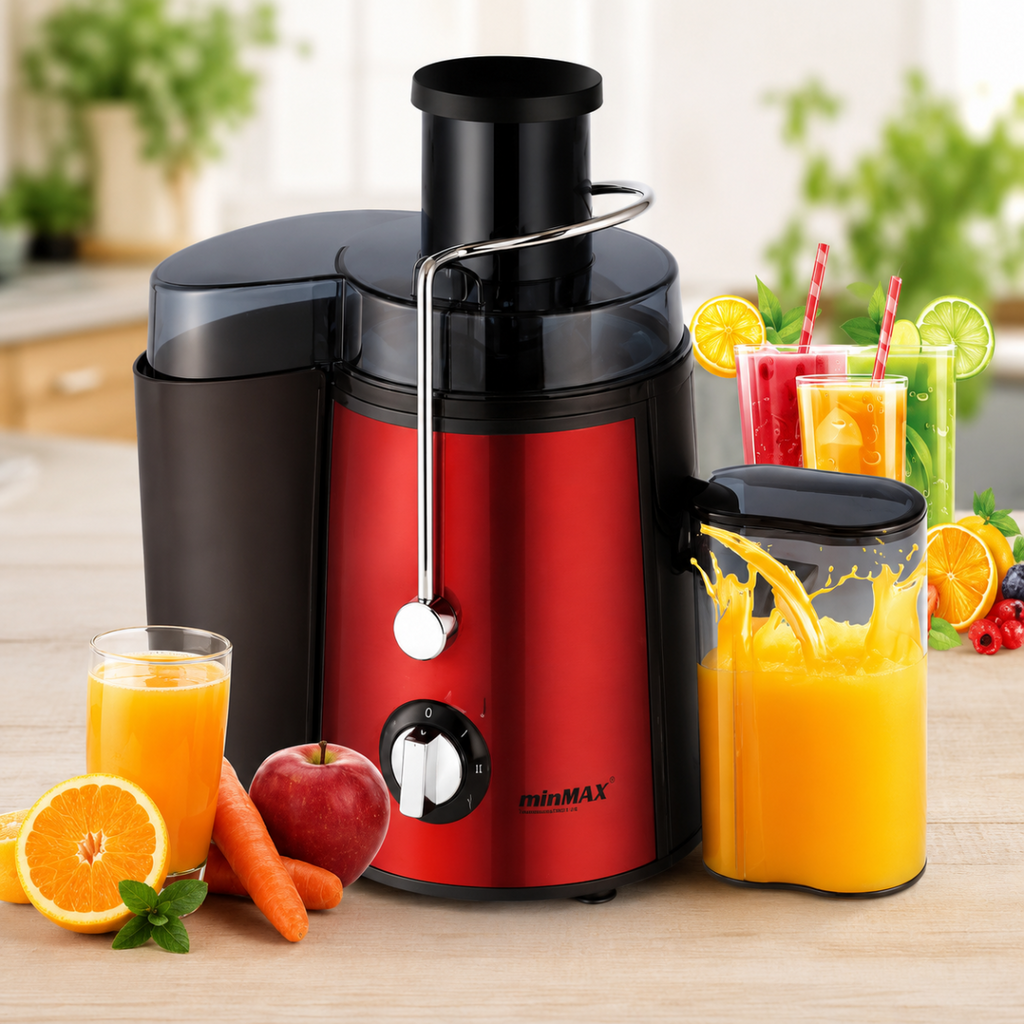 Estrattore di Succo Elettrico 1000W con 2 Velocità, Centrifuga Frutta e Verdura, Bocca Larga 65 mm, Caraffa 500 ml, Acciaio Inox, Rosso/Grigio