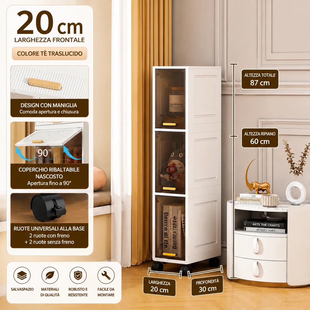 Armadio Salvaspazio Modulare con Ruote da 3, 4 o 5 Cassetti – Mobiletto Organizzatore Multiuso per Casa, Bagno, Cucina, Camera e Ufficio