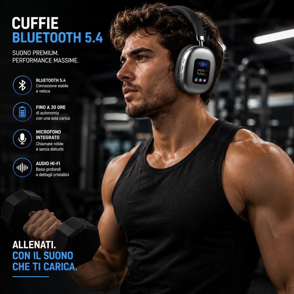 Cuffie Bluetooth Wireless 5.4 con Display Integrato – Audio Hi-Fi Stereo, Bluetooth 5.4, Microfono, Over-Ear