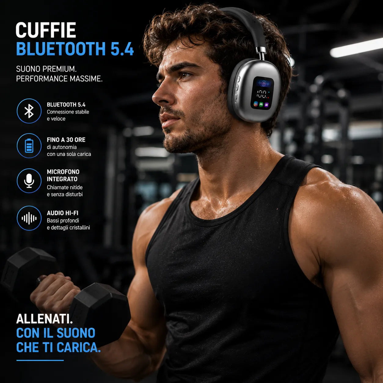 Cuffie Bluetooth Wireless 5.4 con Display Integrato – Audio Hi-Fi Stereo, Bluetooth 5.4, Microfono, Over-Ear