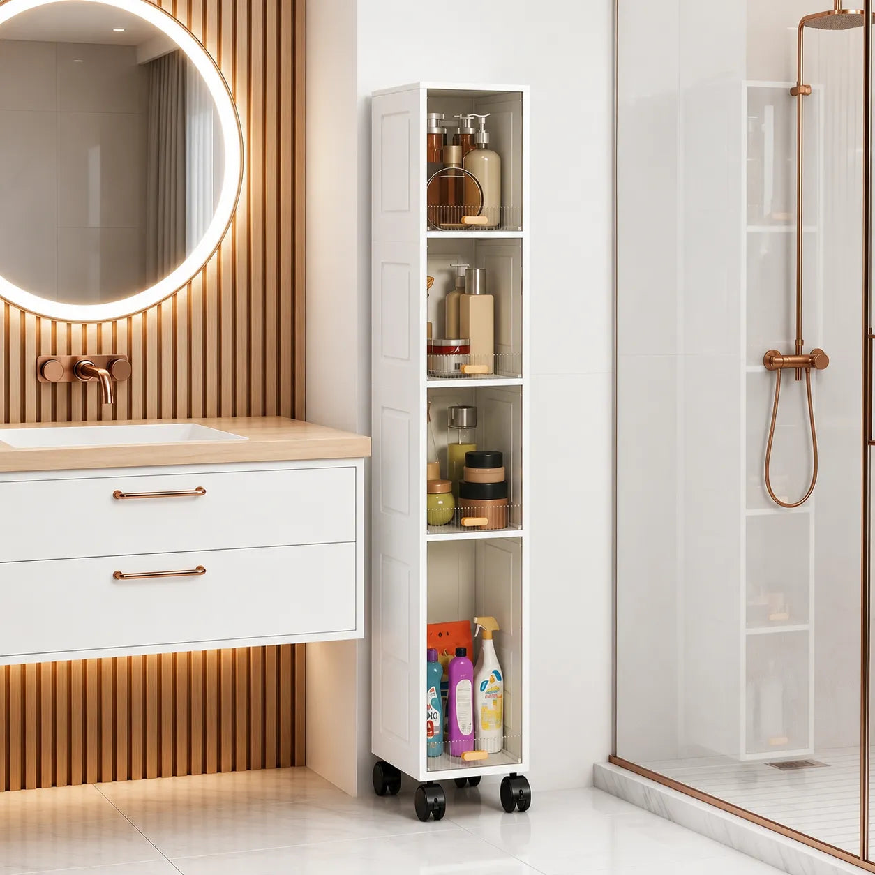 Mobile Salvaspazio Slim a 4 Ripiani con Ruote – Scaffale Stretto Multiuso con Ante Antipolvere – Organizzatore per Bagno, Cucina, Lavanderia e Ripostiglio