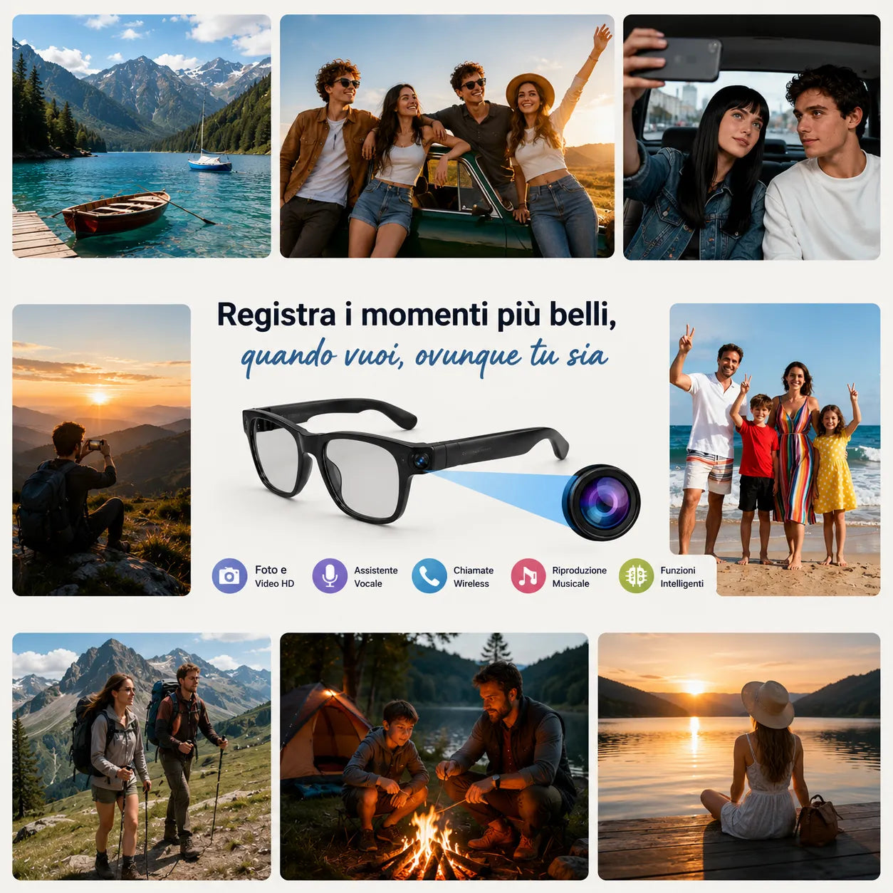 Occhiali Smart AI con Telecamera HD 8MP & Bluetooth