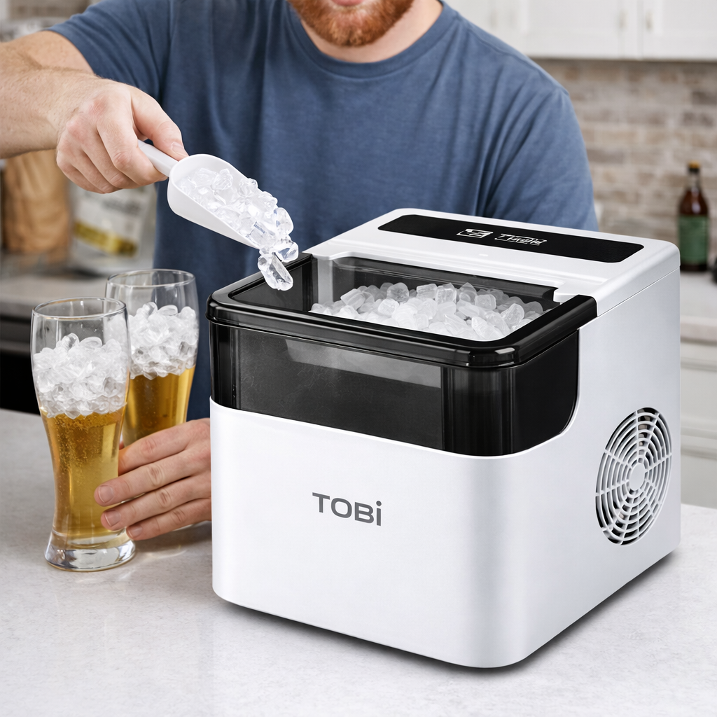 Macchina del Ghiaccio Automatica TOBI – 12Kg/24h, Cubetti Bullet, Serbatoio 1.6L, Produzione Rapida 6-8 Minuti