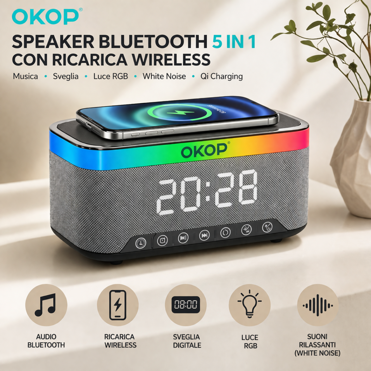 Speaker Bluetooth 5 in 1 con Ricarica Wireless Qi  OKOP KP-559  , Sveglia Digitale LED, Luce RGB e White Noise – Vivavoce HD e Design Moderno