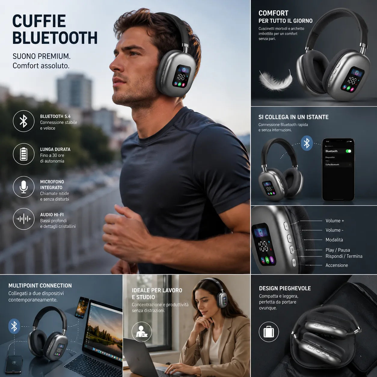 Cuffie Bluetooth Wireless 5.4 con Display Integrato – Audio Hi-Fi Stereo, Bluetooth 5.4, Microfono, Over-Ear