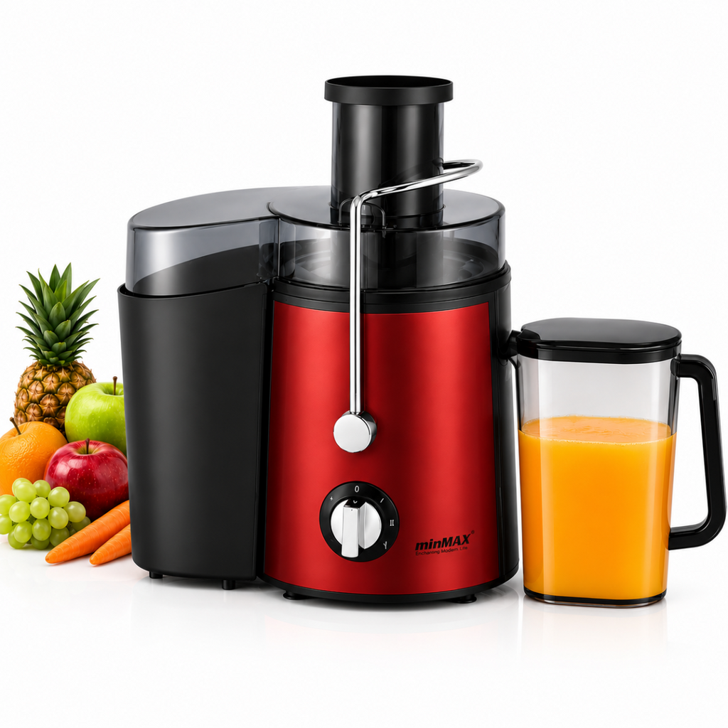 Estrattore di Succo Elettrico 1000W con 2 Velocità, Centrifuga Frutta e Verdura, Bocca Larga 65 mm, Caraffa 500 ml, Acciaio Inox, Rosso/Grigio
