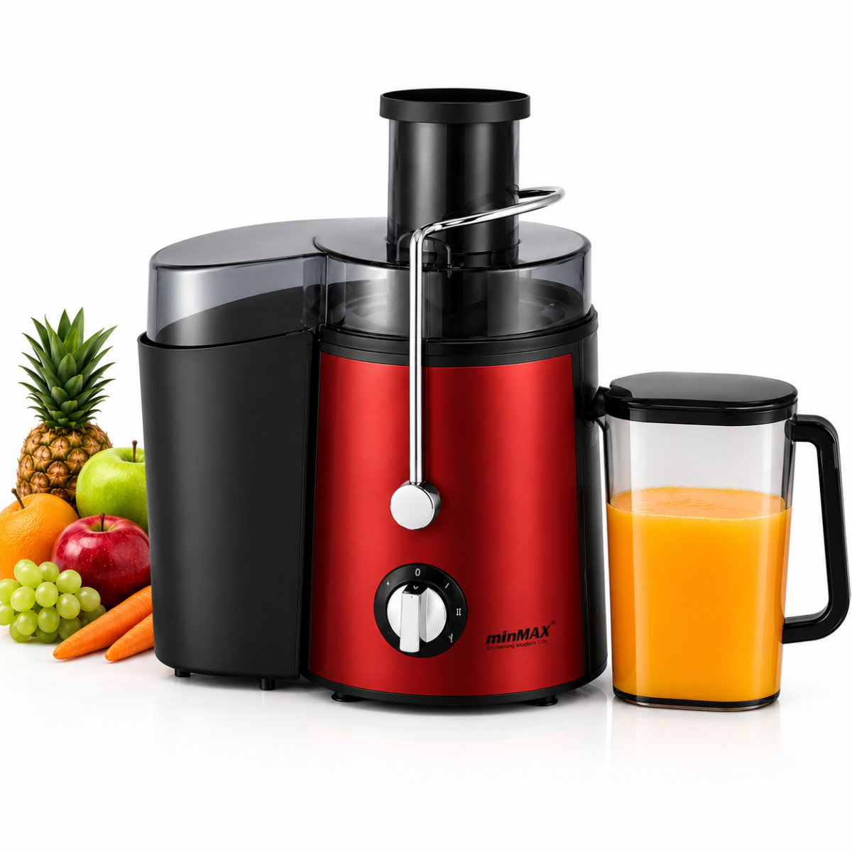Estrattore di Succo Elettrico 1000W con 2 Velocità, Centrifuga Frutta e Verdura, Bocca Larga 65 mm, Caraffa 500 ml, Acciaio Inox, Rosso/Grigio