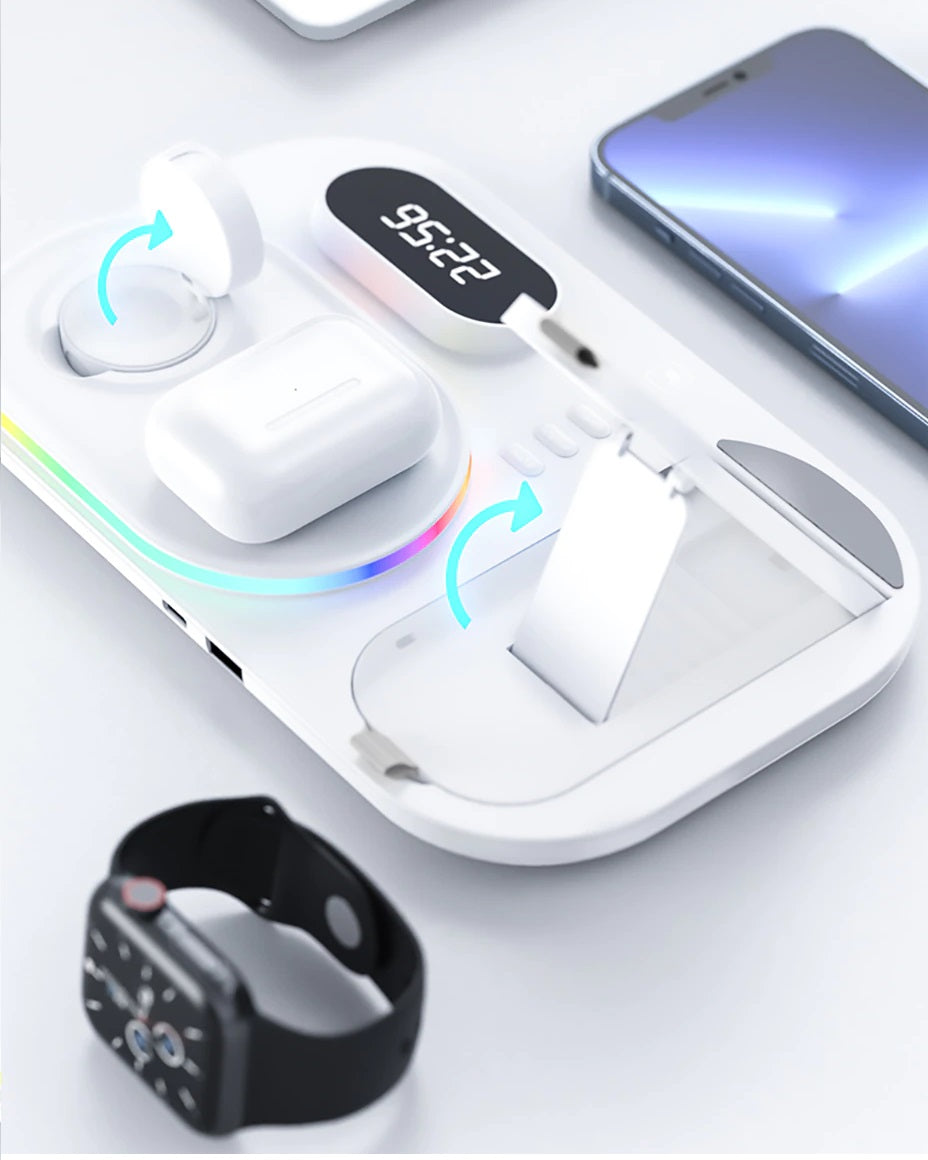 Stazione di Ricarica Wireless 4-in-1 - Caricabatterie Rapido 15W, Orologio e Luce Notturna