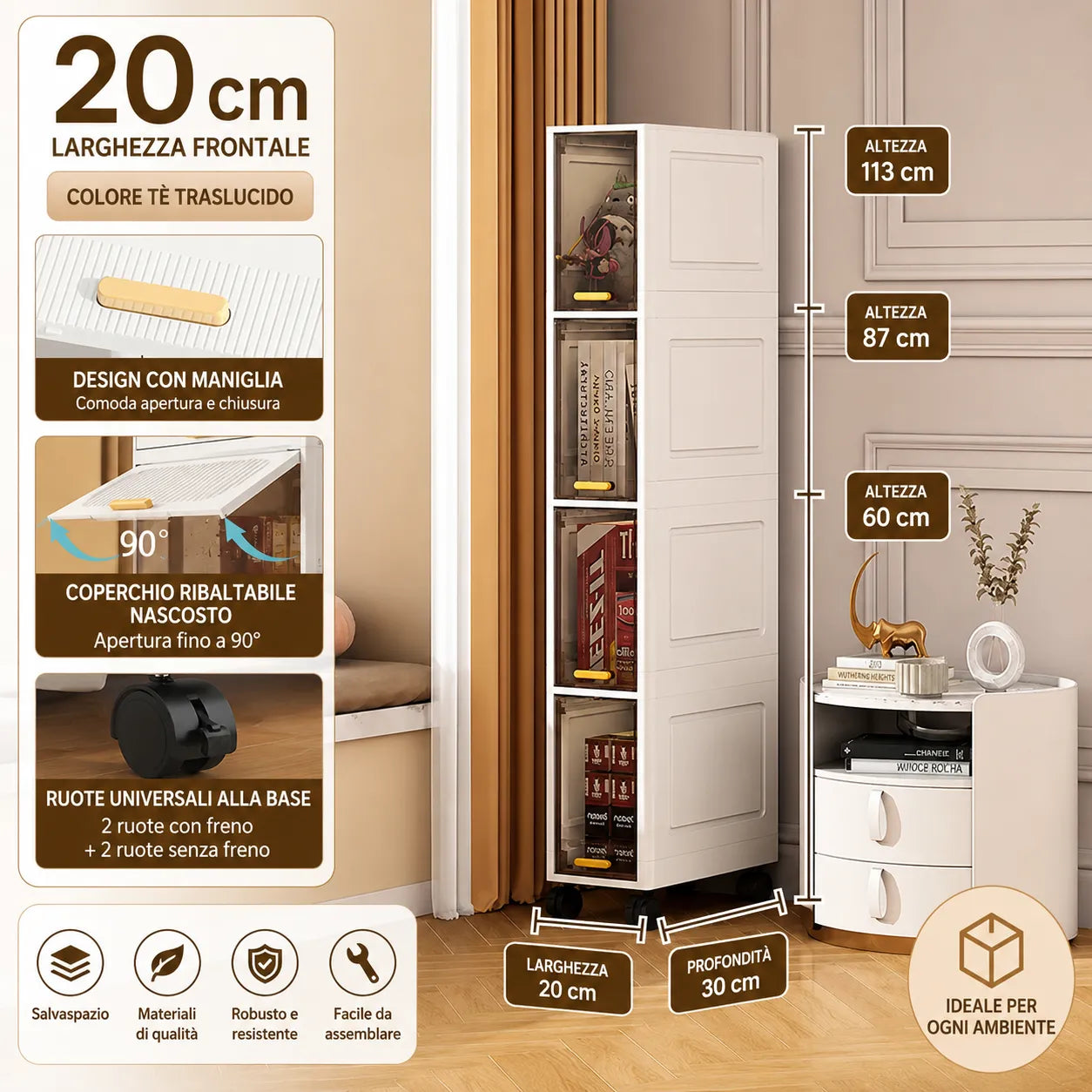Armadio Salvaspazio Modulare con Ruote da 3, 4 o 5 Cassetti – Mobiletto Organizzatore Multiuso per Casa, Bagno, Cucina, Camera e Ufficio