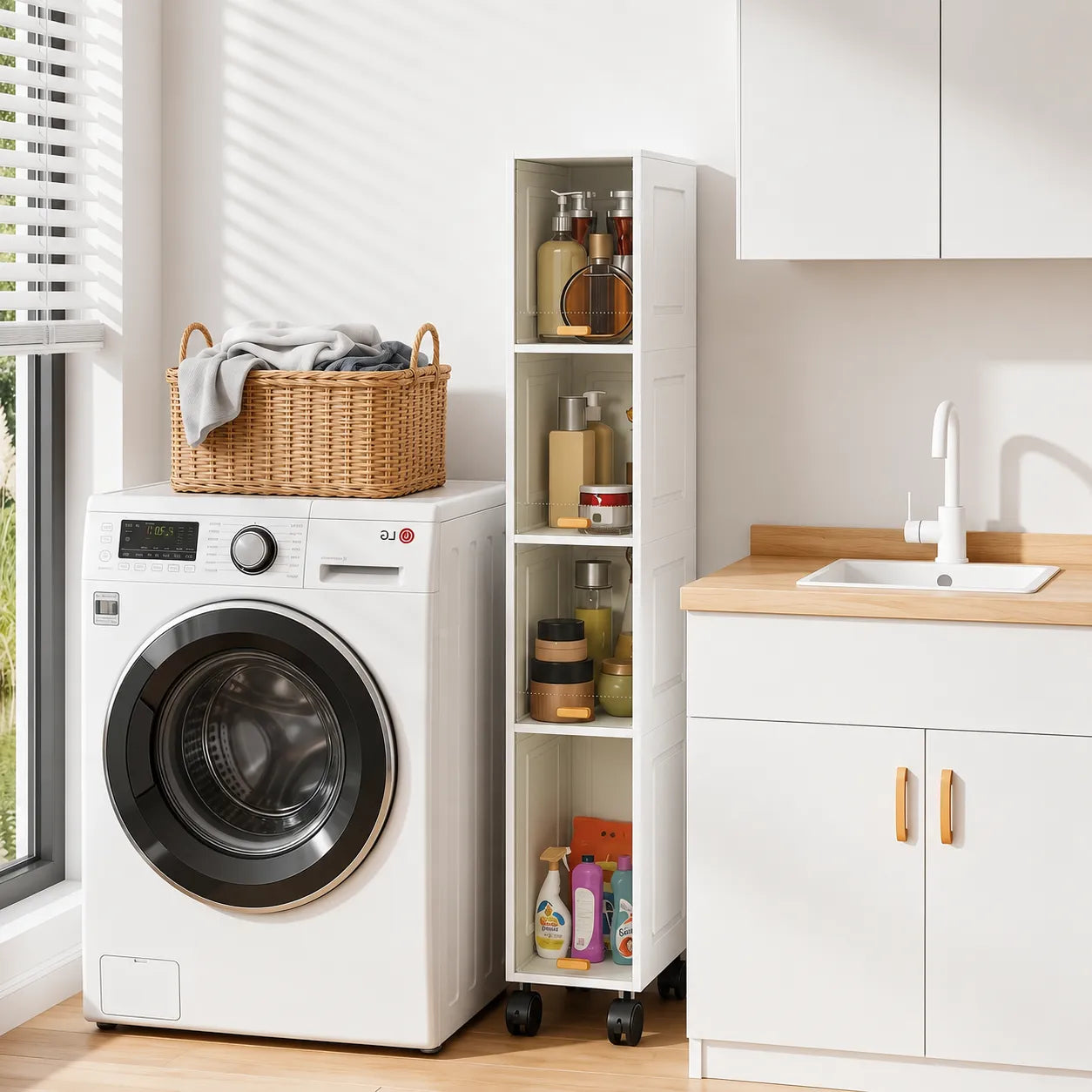 Mobile Salvaspazio Slim a 4 Ripiani con Ruote – Scaffale Stretto Multiuso con Ante Antipolvere – Organizzatore per Bagno, Cucina, Lavanderia e Ripostiglio