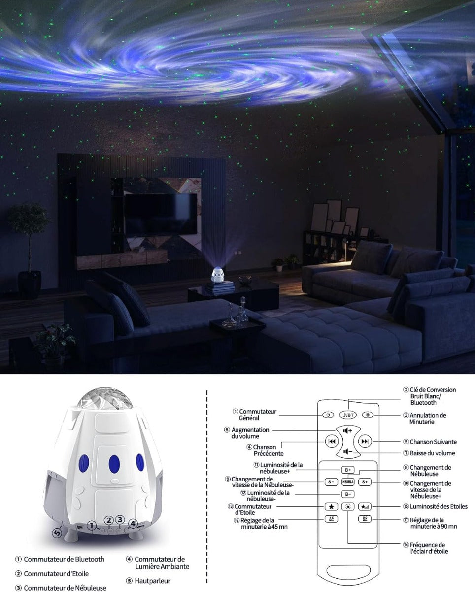 Proiettore LED Capsula Spaziale - Cielo Stellato, Cassa Bluetooth e Rumore Bianco