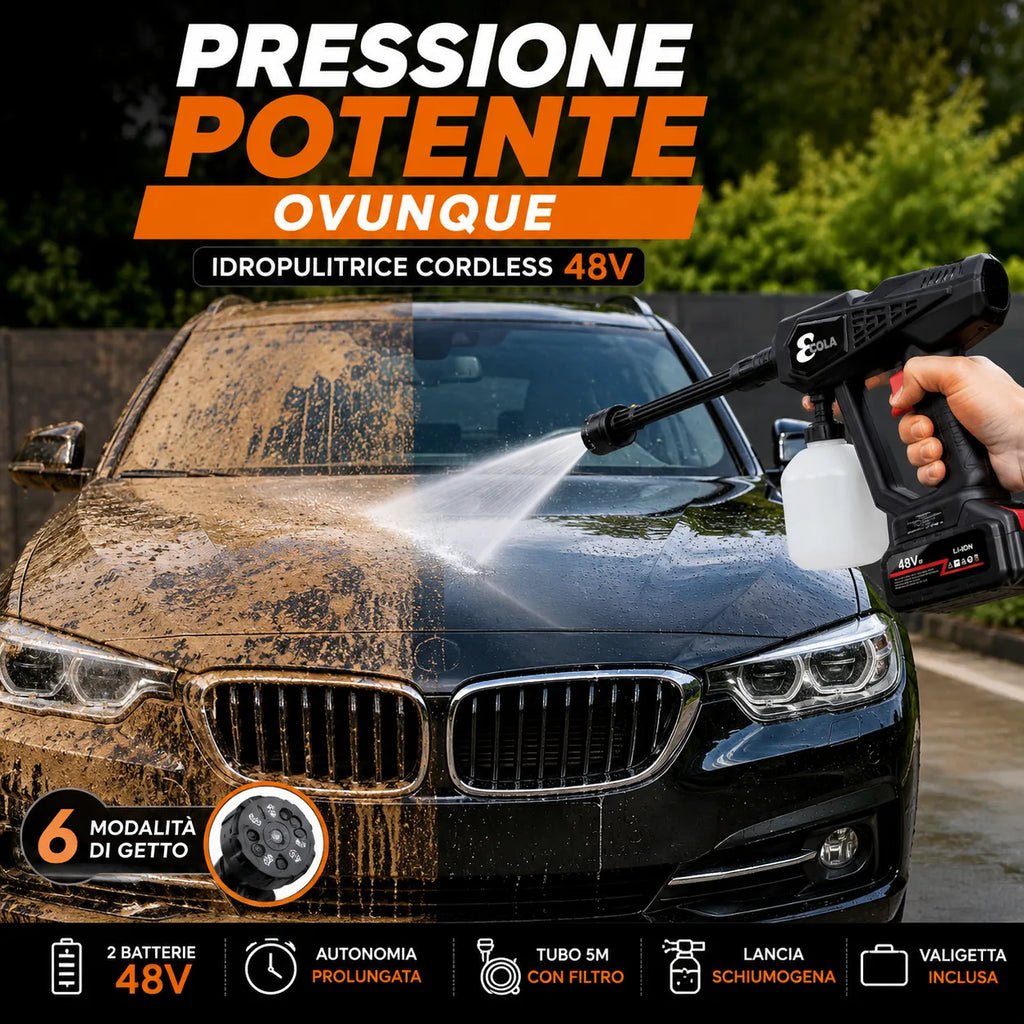 Idropulitrice Pro Cordless 48V – Pistola ad Alta Pressione con Doppia Batteria