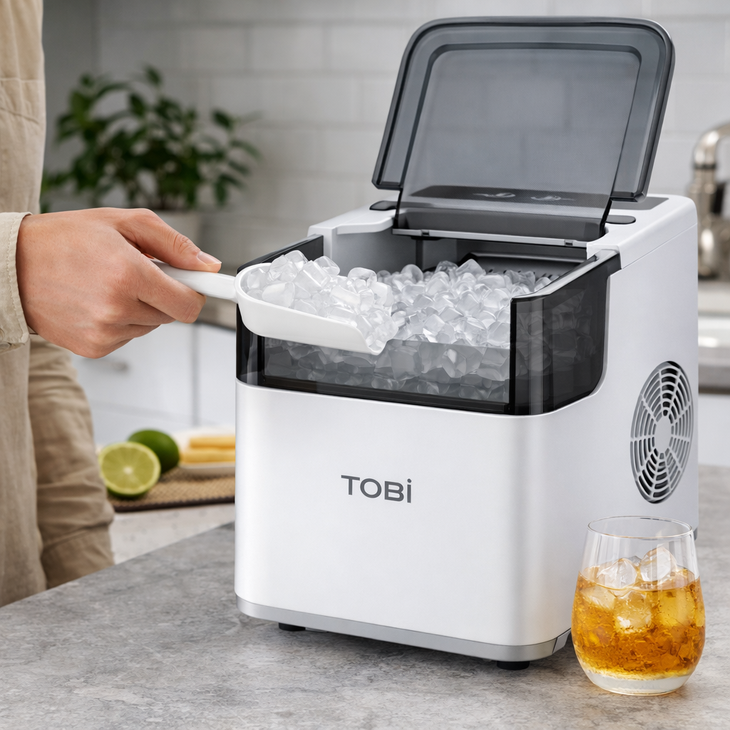 Macchina del Ghiaccio Automatica TOBI – 12Kg/24h, Cubetti Bullet, Serbatoio 1.6L, Produzione Rapida 6-8 Minuti