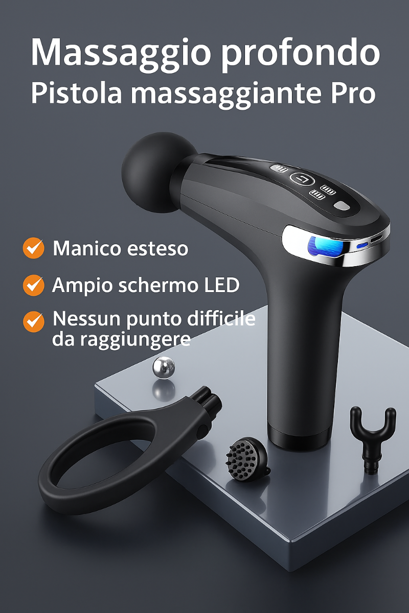 Pistola da Massaggio Muscolare a Percussione con Manico Estensibile – 9 Modalità e 4 Teste, Massaggio Profondo per Cervicale e Schiena