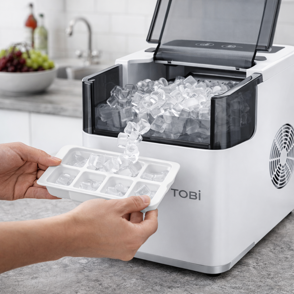 Macchina del Ghiaccio Automatica TOBI – 12Kg/24h, Cubetti Bullet, Serbatoio 1.6L, Produzione Rapida 6-8 Minuti