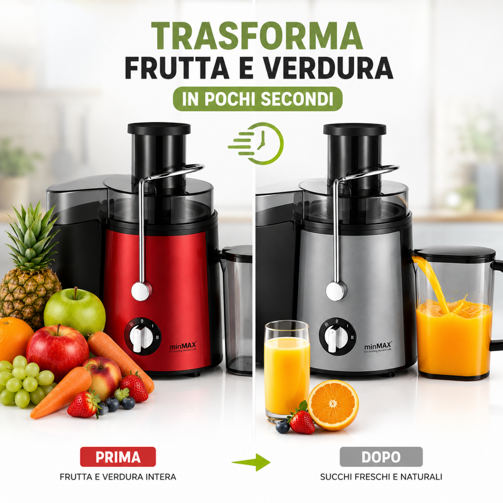 Estrattore di Succo Elettrico 1000W con 2 Velocità, Centrifuga Frutta e Verdura, Bocca Larga 65 mm, Caraffa 500 ml, Acciaio Inox, Rosso/Grigio