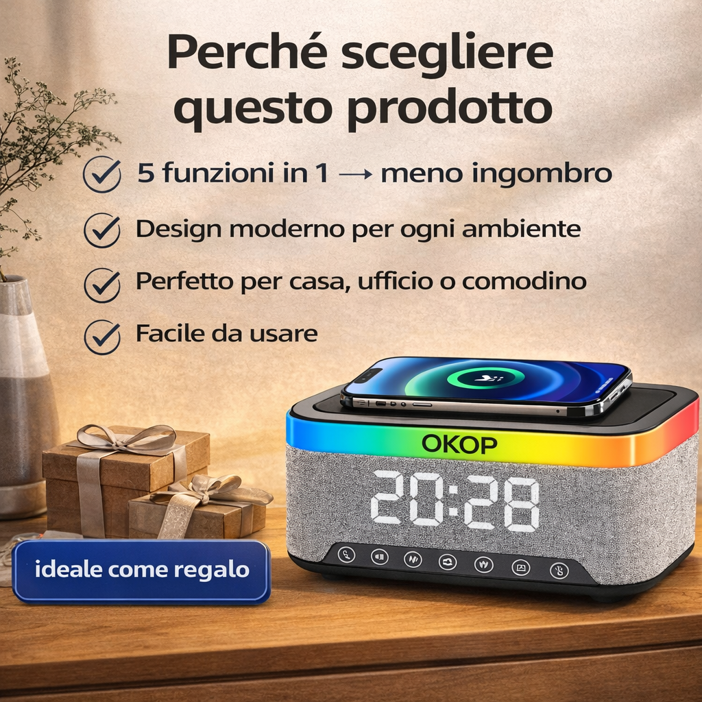 Speaker Bluetooth 5 in 1 con Ricarica Wireless Qi  OKOP KP-559  , Sveglia Digitale LED, Luce RGB e White Noise – Vivavoce HD e Design Moderno