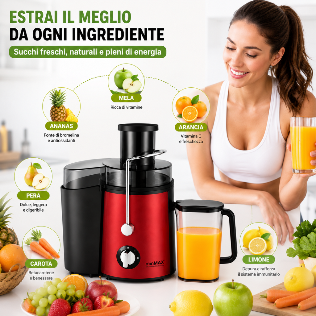 Estrattore di Succo Elettrico 1000W con 2 Velocità, Centrifuga Frutta e Verdura, Bocca Larga 65 mm, Caraffa 500 ml, Acciaio Inox, Rosso/Grigio