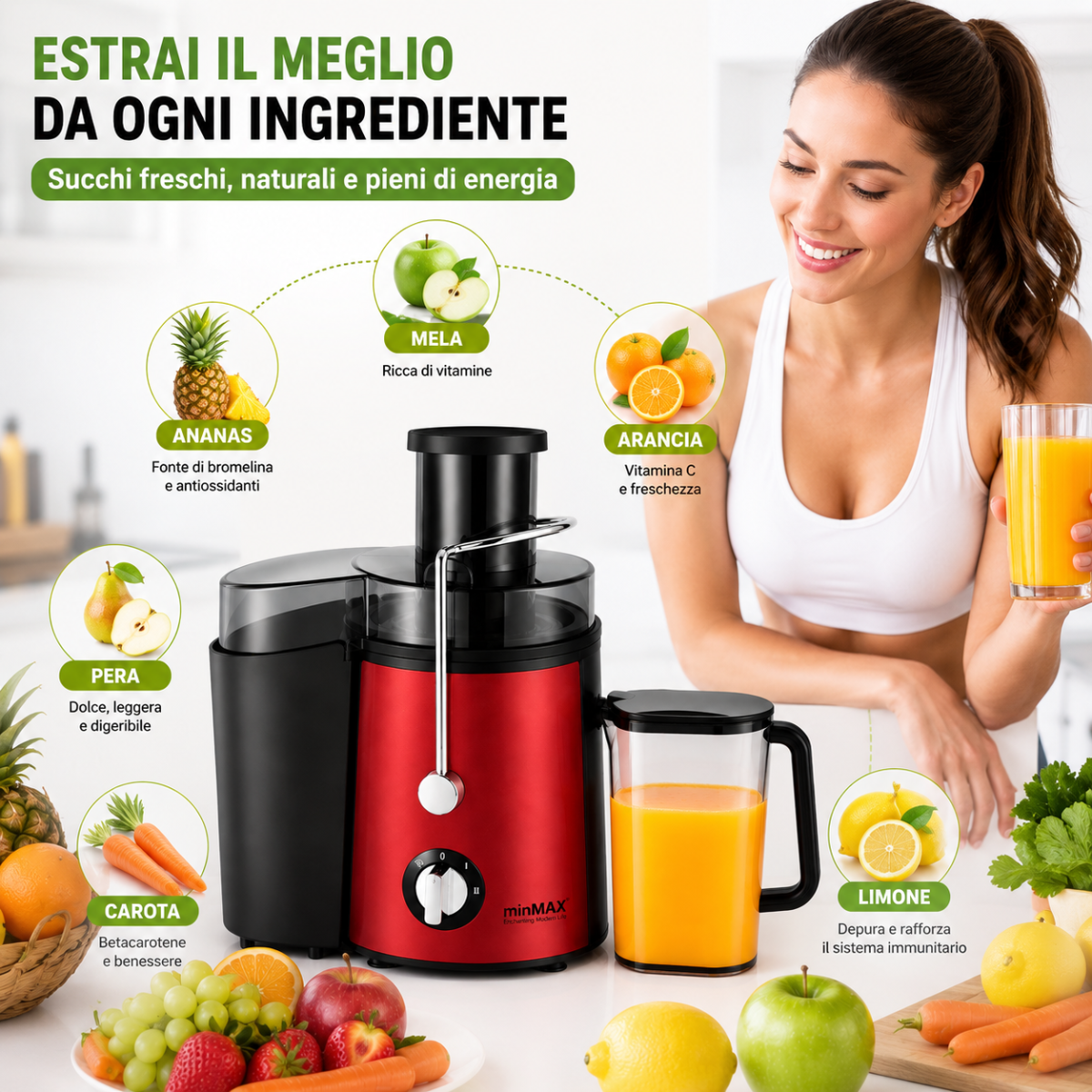 Estrattore di Succo Elettrico 1000W con 2 Velocità, Centrifuga Frutta e Verdura, Bocca Larga 65 mm, Caraffa 500 ml, Acciaio Inox, Rosso/Grigio