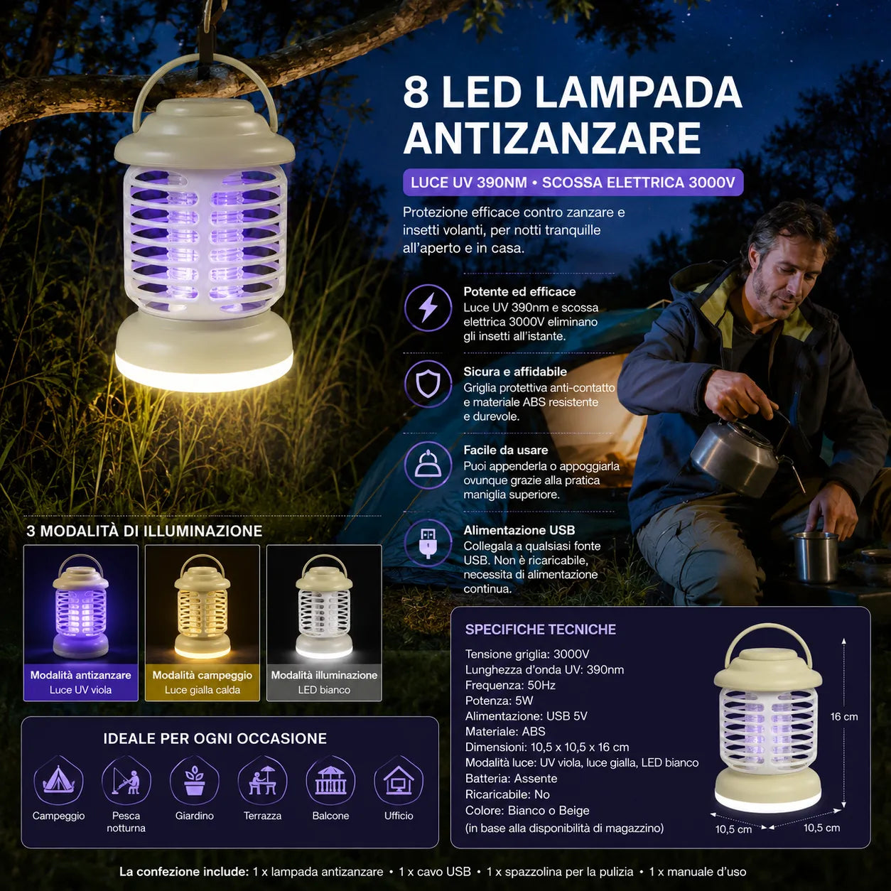 Lampada Antizanzare UV 3000V – Killer Insetti Elettrico a 3 Modalità di Luce