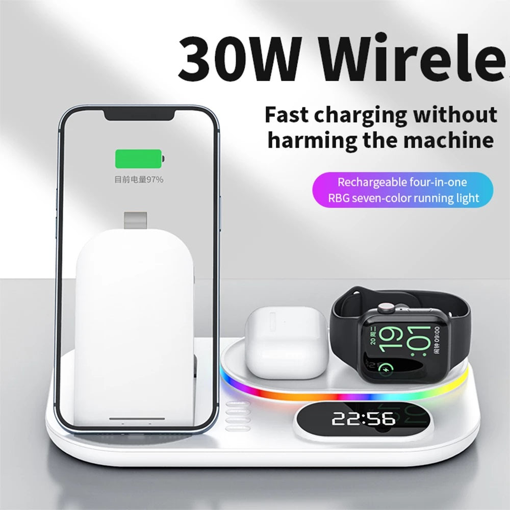 Stazione di Ricarica Wireless 4-in-1 - Caricabatterie Rapido 15W, Orologio e Luce Notturna
