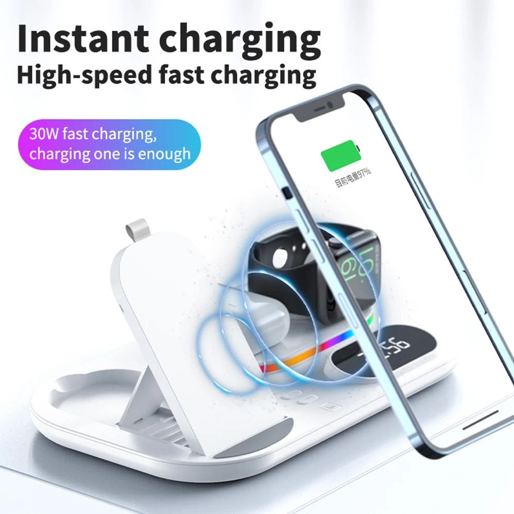 Stazione di Ricarica Wireless 4-in-1 - Caricabatterie Rapido 15W, Orologio e Luce Notturna