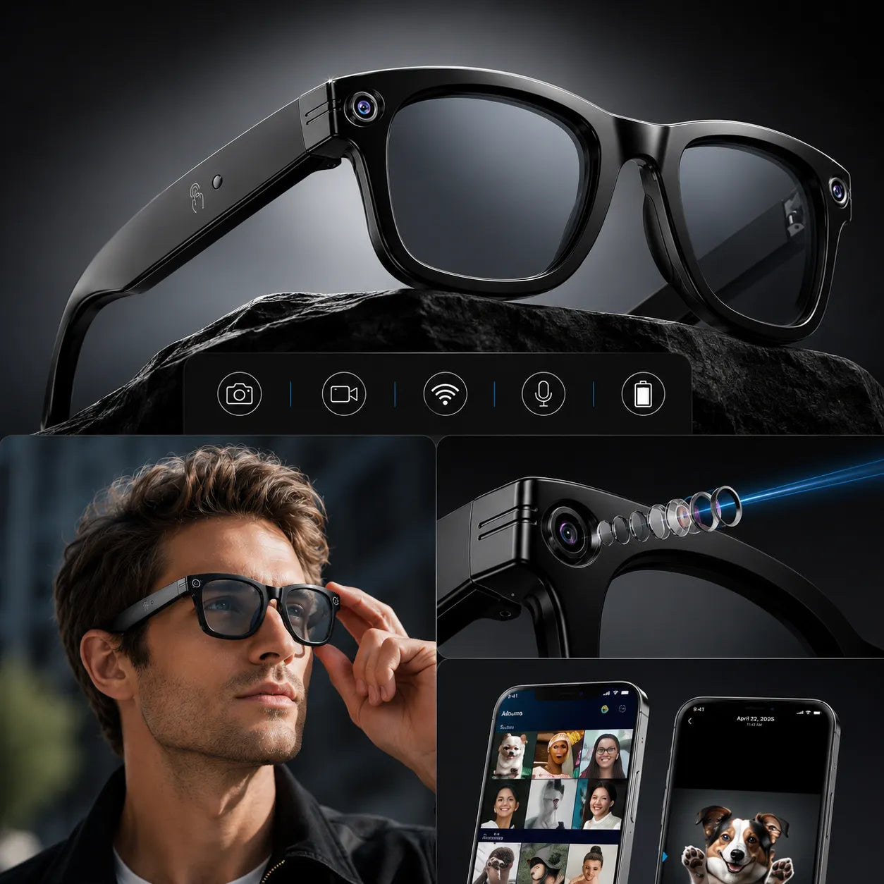 Occhiali Smart AI con Telecamera HD 8MP & Bluetooth