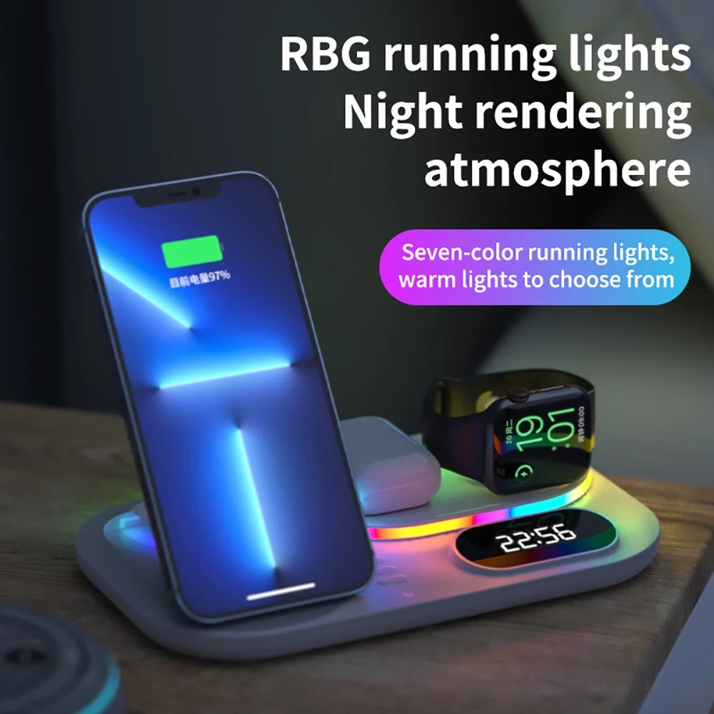 Stazione di Ricarica Wireless 4-in-1 - Caricabatterie Rapido 15W, Orologio e Luce Notturna