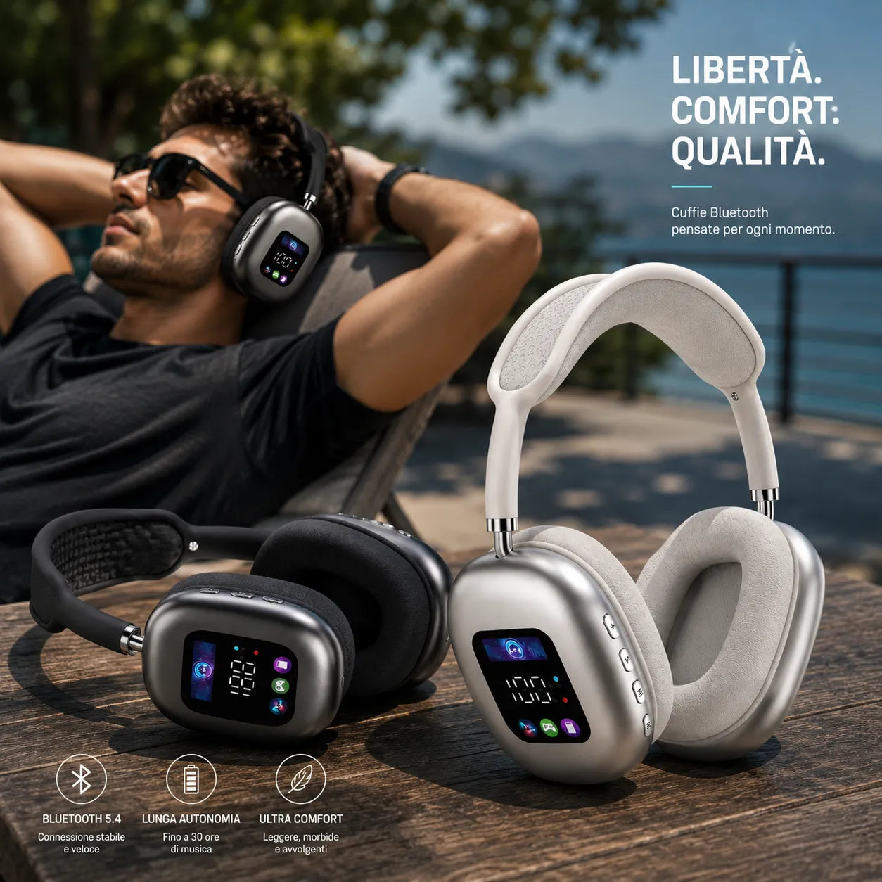 Cuffie Bluetooth Wireless 5.4 con Display Integrato – Audio Hi-Fi Stereo, Bluetooth 5.4, Microfono, Over-Ear