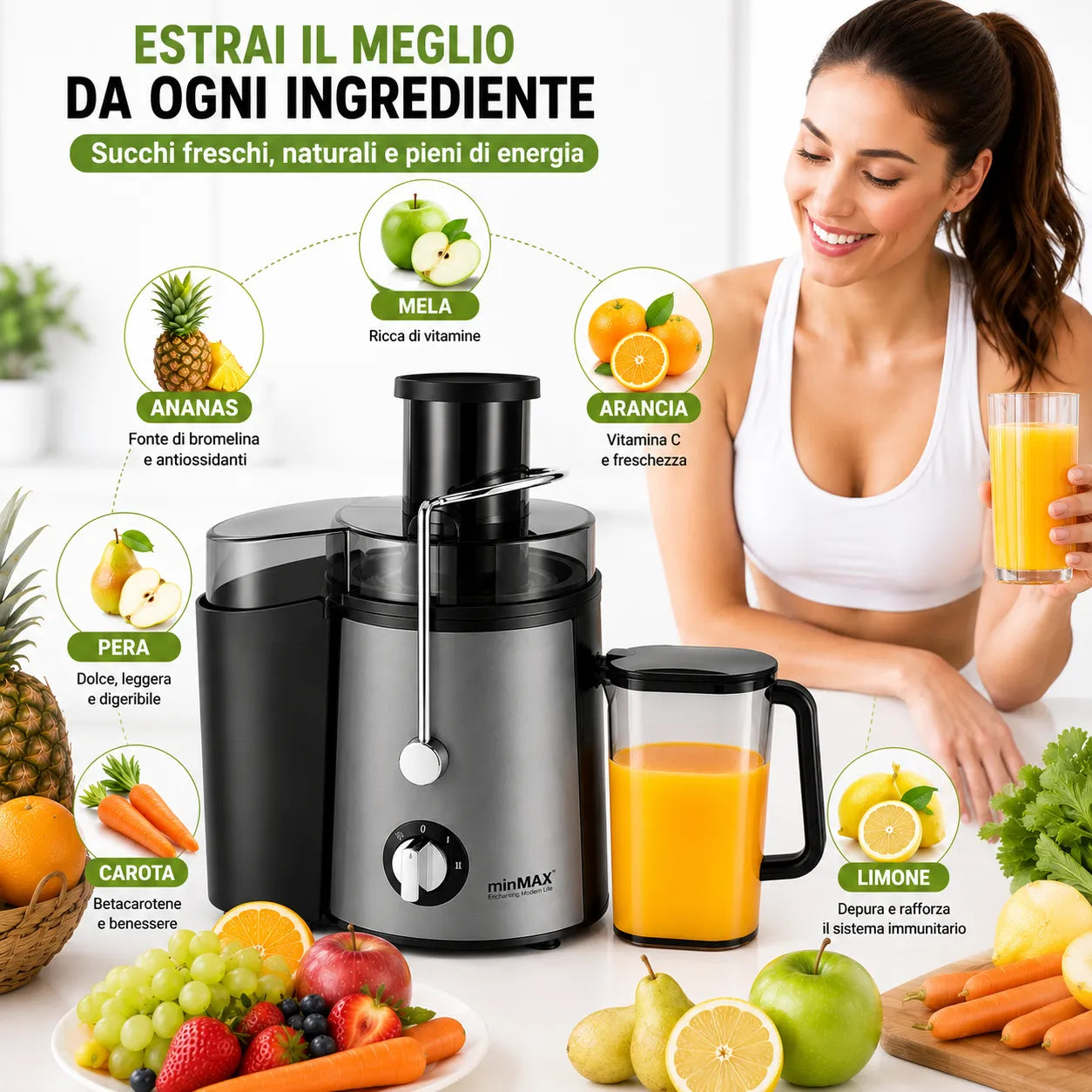 Estrattore di Succo Elettrico 1000W con 2 Velocità, Centrifuga Frutta e Verdura, Bocca Larga 65 mm, Caraffa 500 ml, Acciaio Inox, Rosso/Grigio