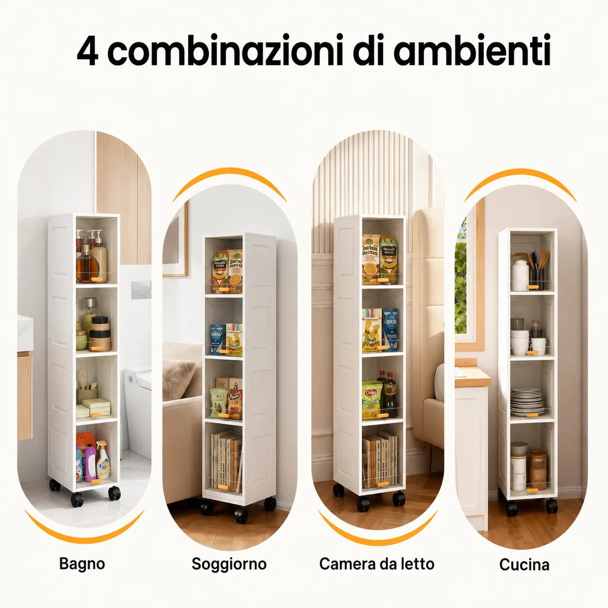 Mobile Salvaspazio Slim a 4 Ripiani con Ruote – Scaffale Stretto Multiuso con Ante Antipolvere – Organizzatore per Bagno, Cucina, Lavanderia e Ripostiglio