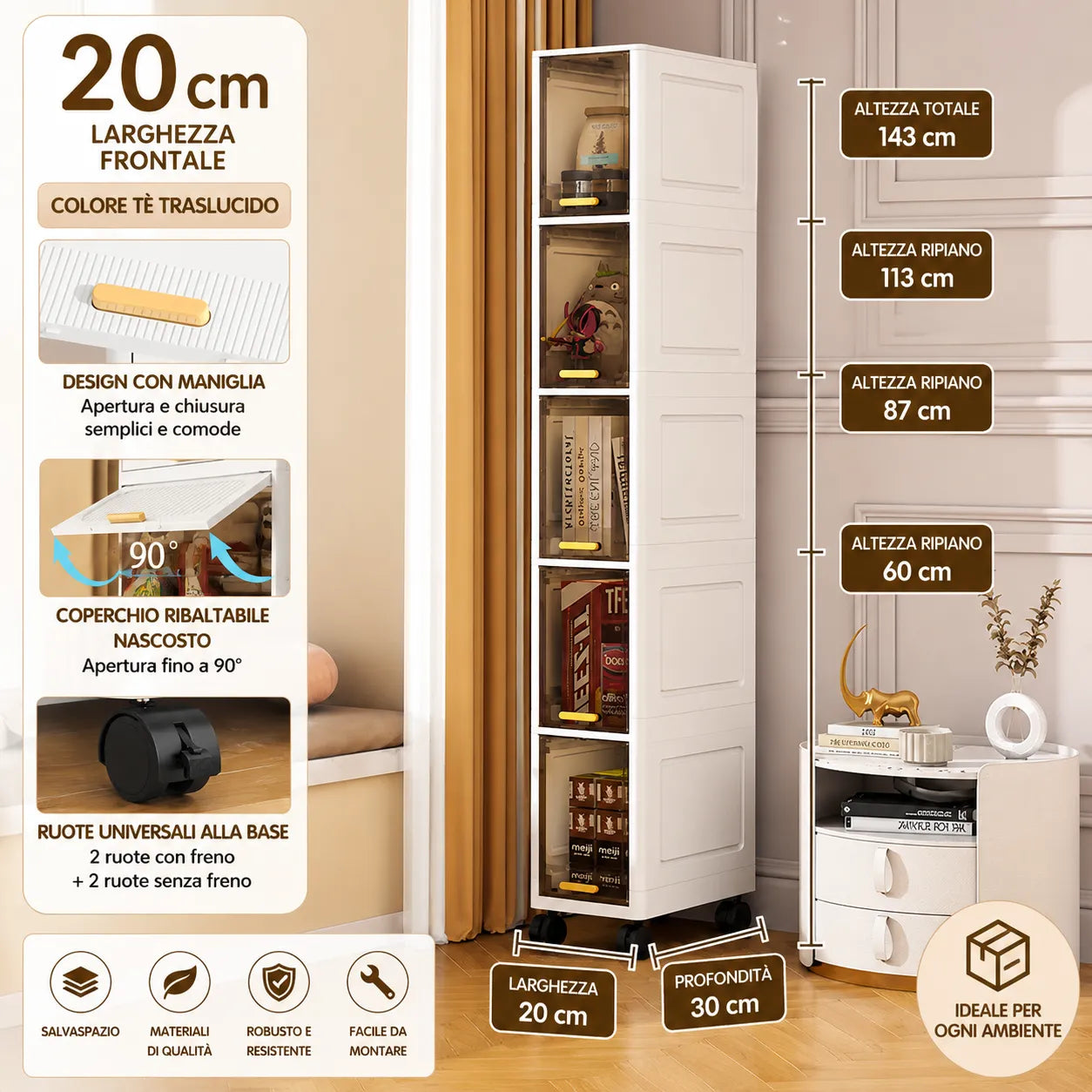 Armadio Salvaspazio Modulare con Ruote da 3, 4 o 5 Cassetti – Mobiletto Organizzatore Multiuso per Casa, Bagno, Cucina, Camera e Ufficio