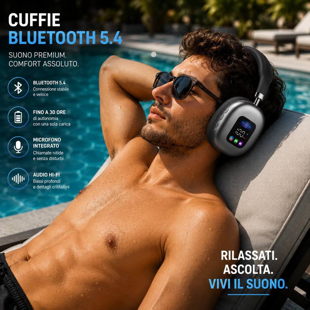 Cuffie Bluetooth Wireless 5.4 con Display Integrato – Audio Hi-Fi Stereo, Bluetooth 5.4, Microfono, Over-Ear
