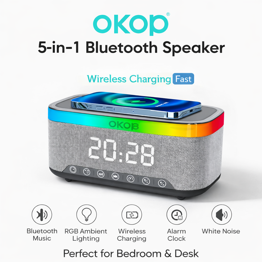 Speaker Bluetooth 5 in 1 con Ricarica Wireless Qi  OKOP KP-559  , Sveglia Digitale LED, Luce RGB e White Noise – Vivavoce HD e Design Moderno