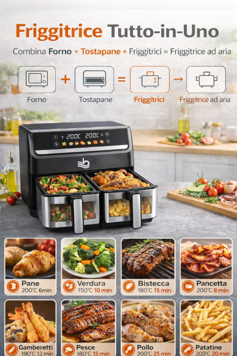 Air Fryer Dual Zone 15L – Friggitrice ad Aria a Doppio Cestello 2000W