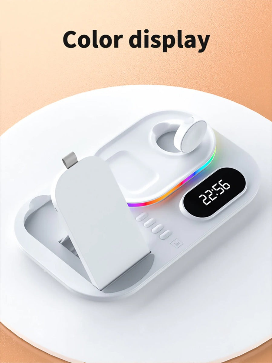 Stazione di Ricarica Wireless 4-in-1 - Caricabatterie Rapido 15W, Orologio e Luce Notturna