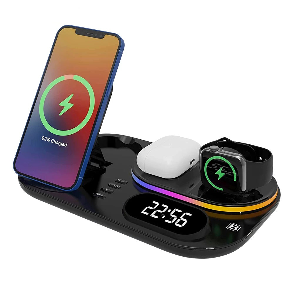 Stazione di Ricarica Wireless 4-in-1 - Caricabatterie Rapido 15W, Orologio e Luce Notturna