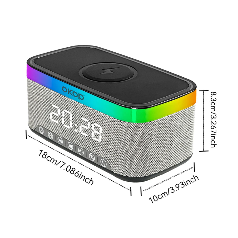 Speaker Bluetooth 5 in 1 con Ricarica Wireless Qi  OKOP KP-559  , Sveglia Digitale LED, Luce RGB e White Noise – Vivavoce HD e Design Moderno