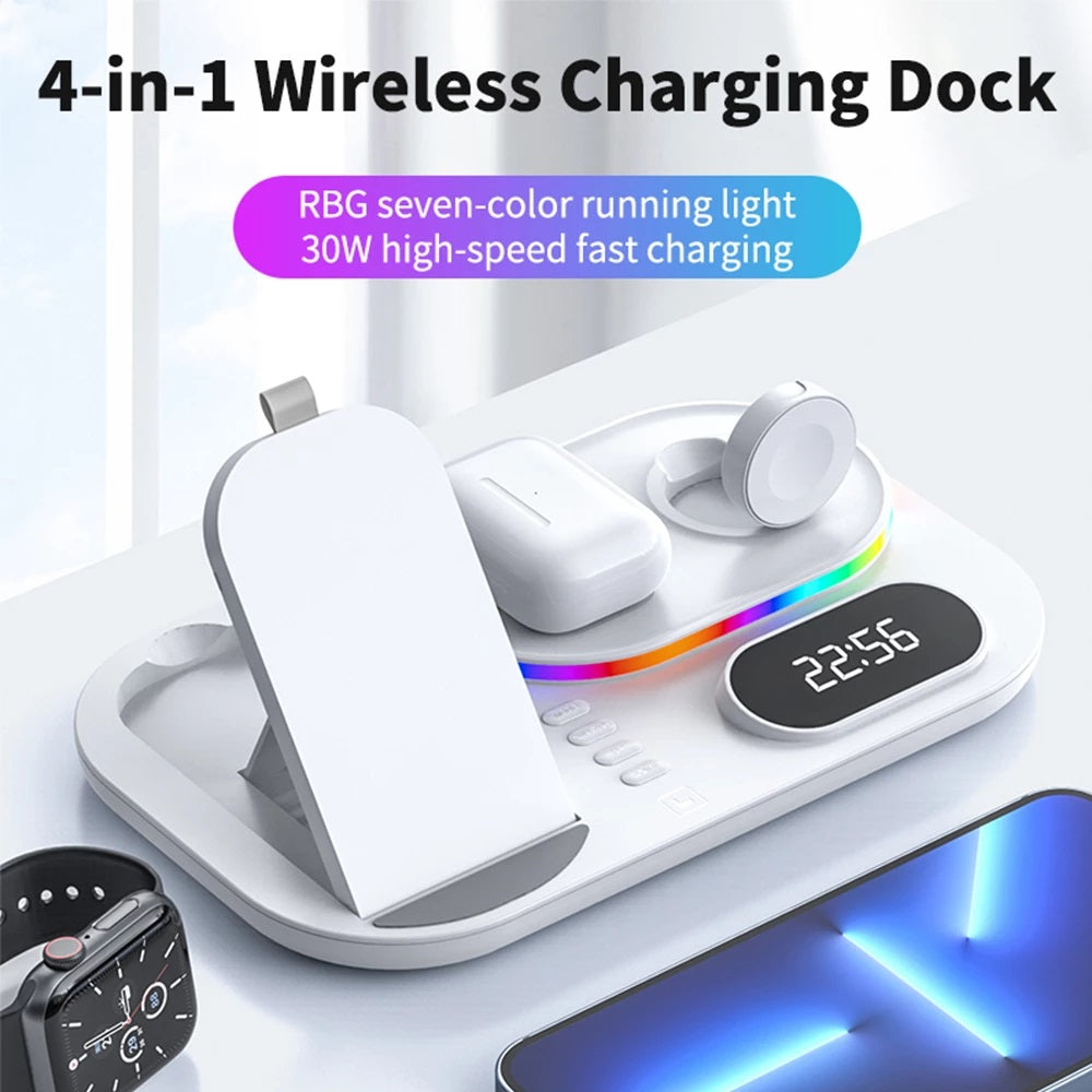 Stazione di Ricarica Wireless 4-in-1 - Caricabatterie Rapido 15W, Orologio e Luce Notturna